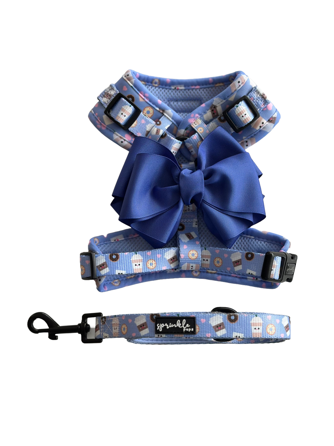 Bundle - I Love You a Latte Matching Harness, Leash and Harness Charm Bow