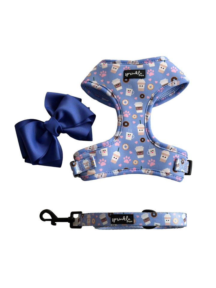 Bundle - I Love You a Latte Matching Harness, Leash and Harness Charm Bow